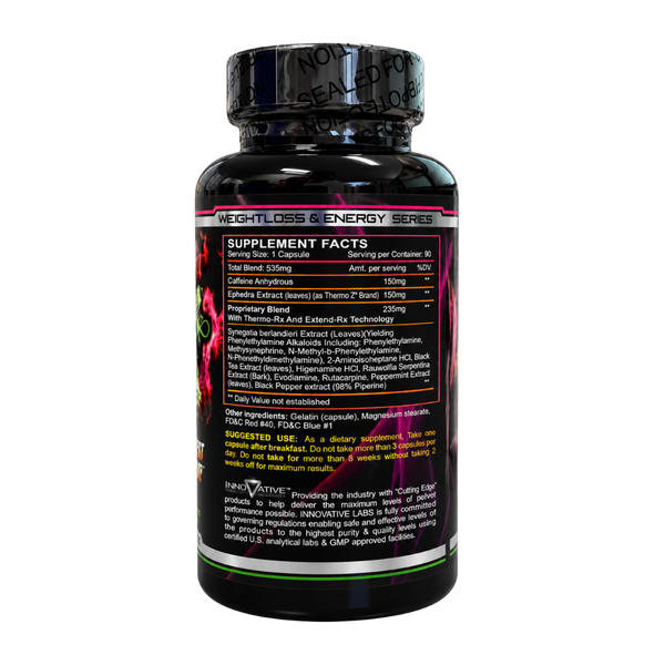 A black supplement bottle with a black cap, showing the back label with supplement facts and ingredients. The label has a dark background with pink, white, and yellow text and graphics, and the brand name Weightloss & Energy Series is visible at the top.