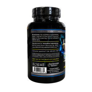 A black bottle of Innovative Labs Hell Raiser dietary supplement, showing the back label with white text, a barcode, and blue accents on a white background.