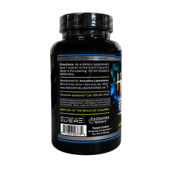 A black bottle of Innovative Labs Hell Raiser dietary supplement, showing the back label with white text, a barcode, and blue accents on a white background.