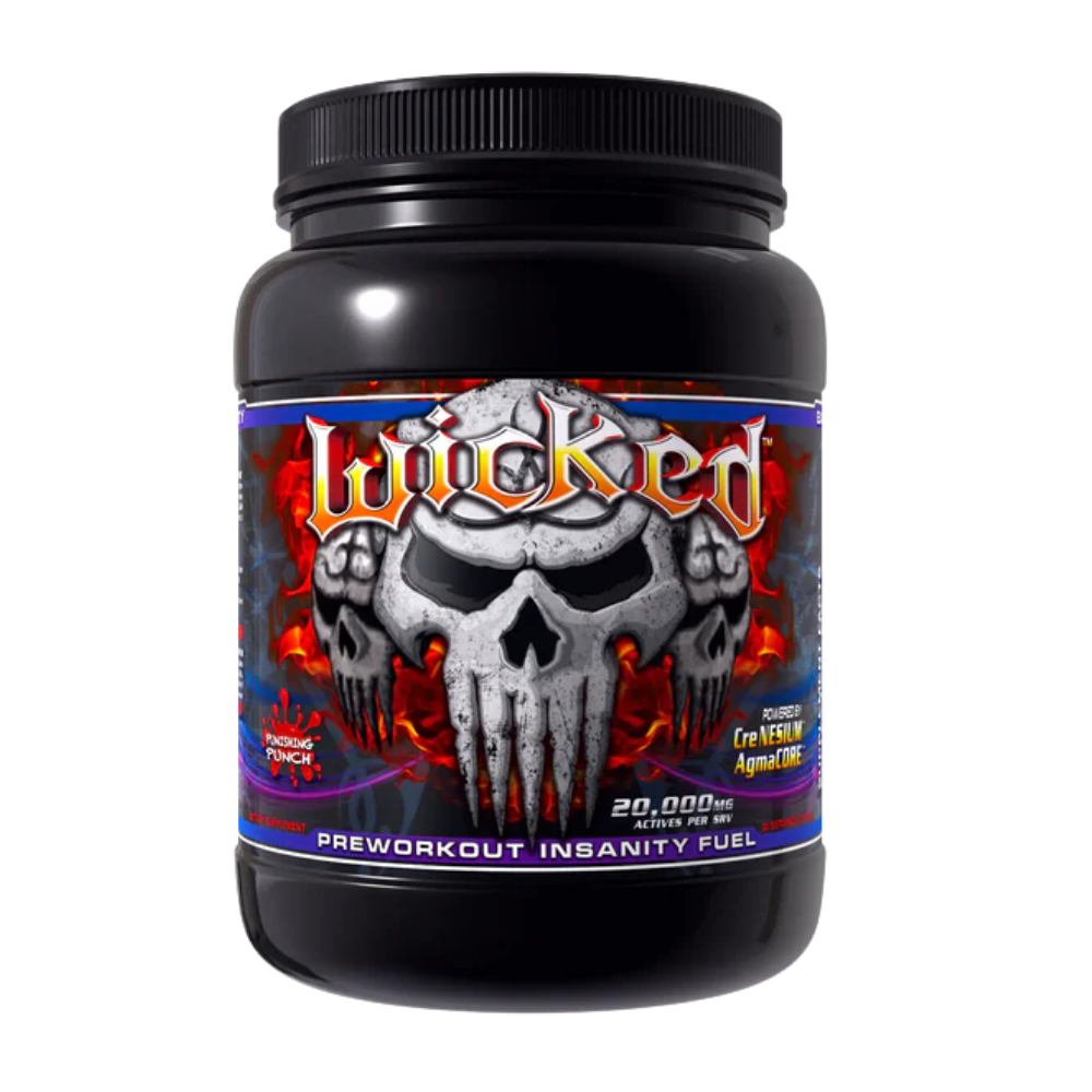 Black container of Wicked preworkout in the grape flavor with skull design on label