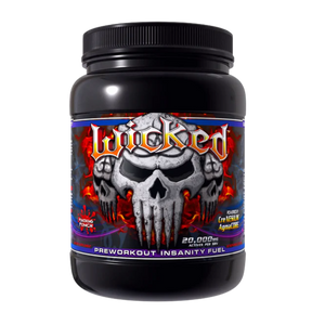 Black container of Wicked preworkout in the grape flavor with skull design on label
