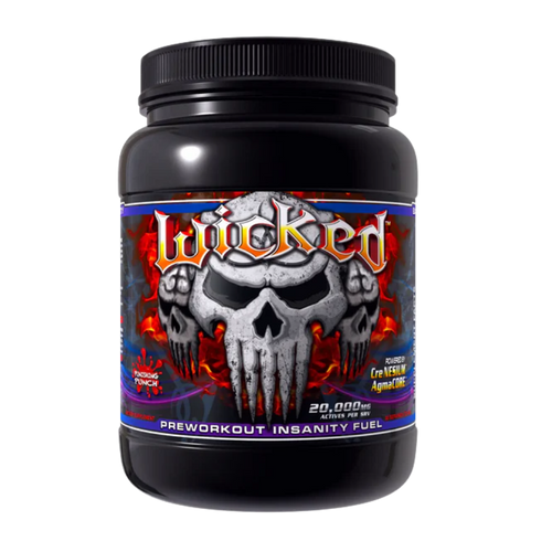 Black container of Wicked preworkout in the grape flavor with skull design on label