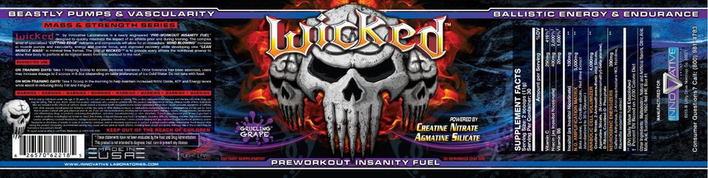 Black container of Wicked preworkout in the grape flavor with skull design on label