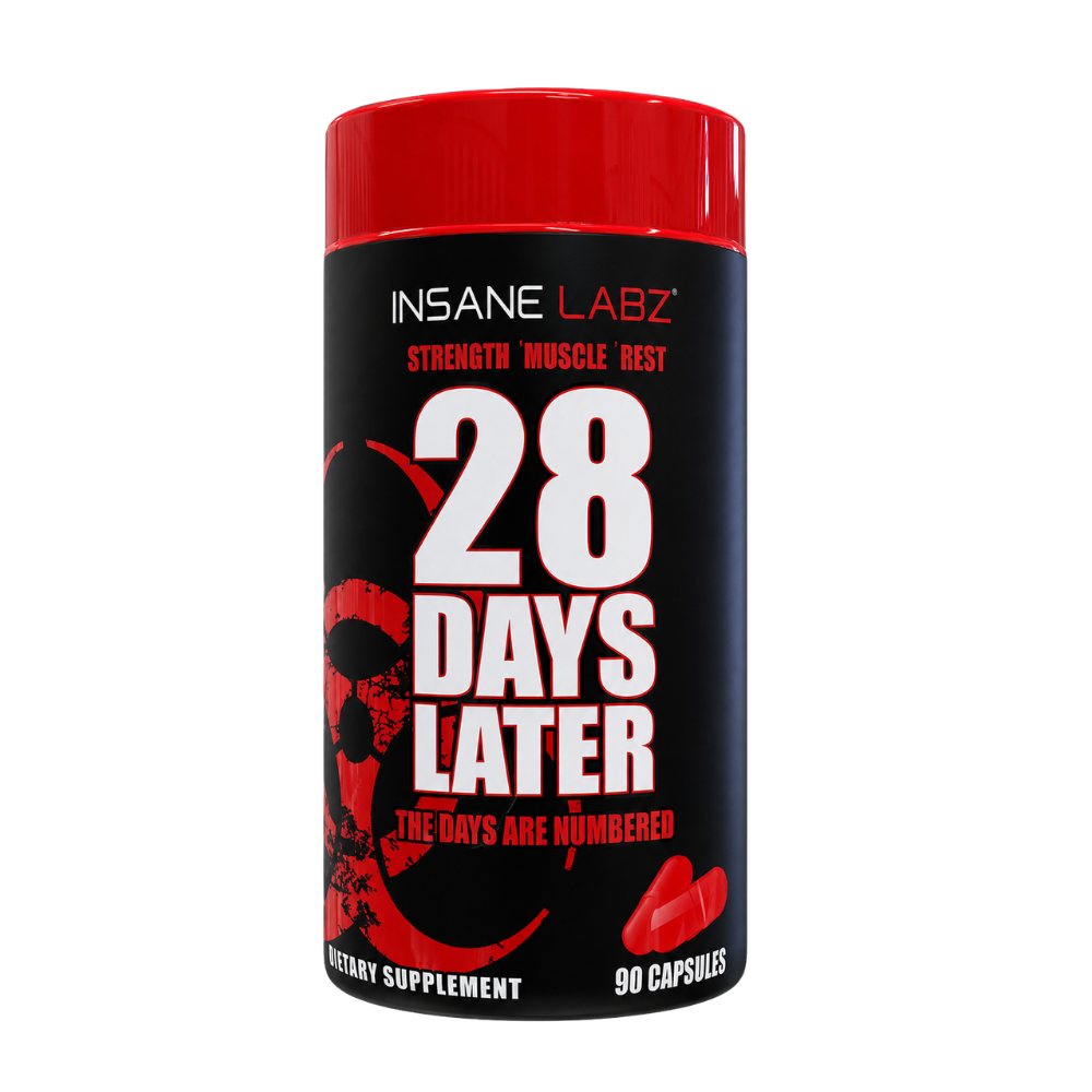 A black plastic bottle of Insane Labz '28 Days Later' dietary supplement with a bright red cap, featuring bold white and red text on the label.