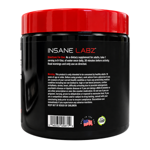 Insane Labz D-Aspartic Acid 30 Servings directions for use and warnings listed on the back of the bottle on a white background.