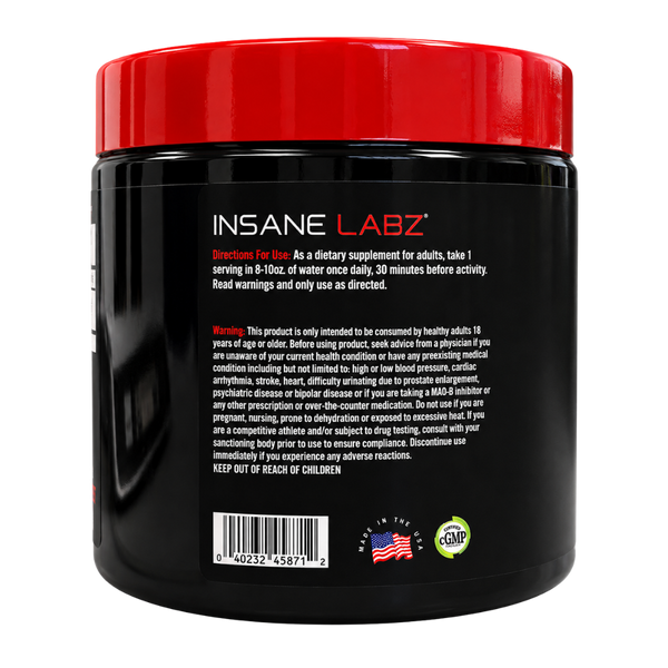 Insane Labz D-Aspartic Acid 30 Servings directions for use and warnings listed on the back of the bottle on a white background.