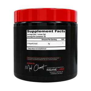 Insane Labz D-Aspartic Acid 30 Servings supplement facts listed on the side of the tub on a white background.