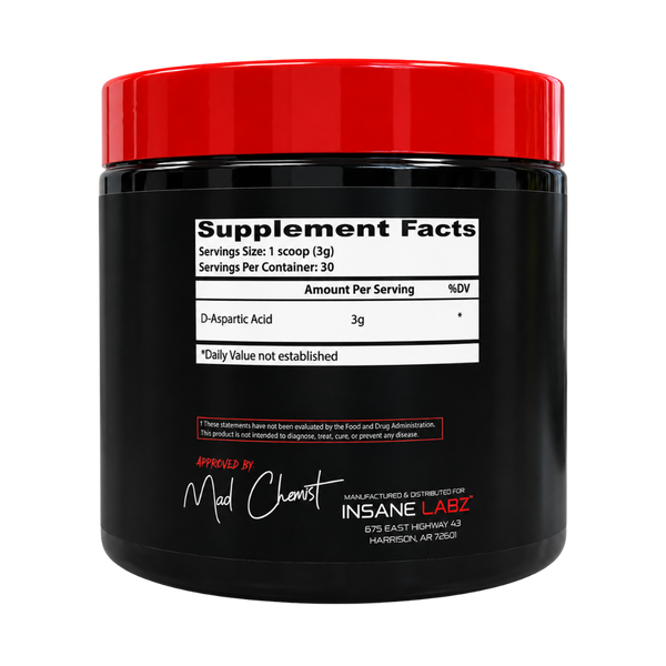 Insane Labz D-Aspartic Acid 30 Servings supplement facts listed on the side of the tub on a white background.