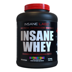 Insane Labz Insane Whey 5lb in the birthday cake flavor on a white background.