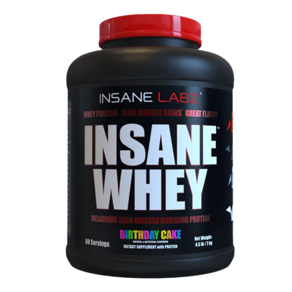 Insane Labz Insane Whey 5lb in the birthday cake flavor on a white background.