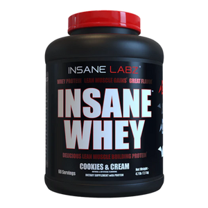 Insane Labz Insane Whey 5lb in the cookies and cream flavor on a white background.