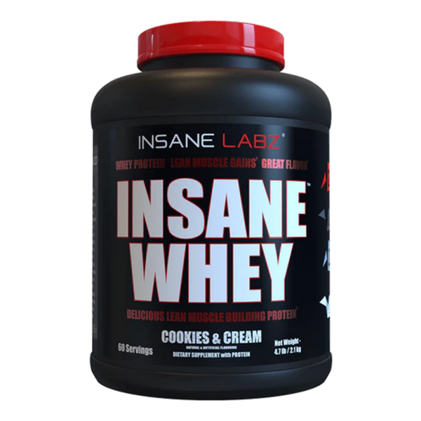 Insane Labz Insane Whey 5lb in the cookies and cream flavor on a white background.