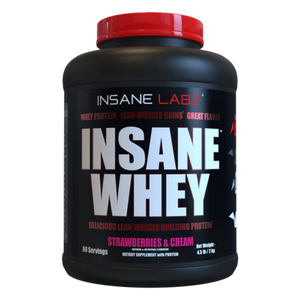 Insane Labz Insane Whey 5lb in the strawberry flavor on a white background.