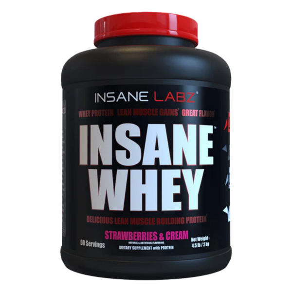 Insane Labz Insane Whey 5lb in the strawberry flavor on a white background.