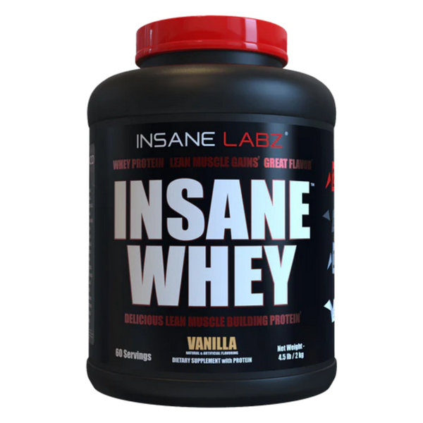 Insane Labz Insane Whey 5lb in the vanilla flavor on a white background.