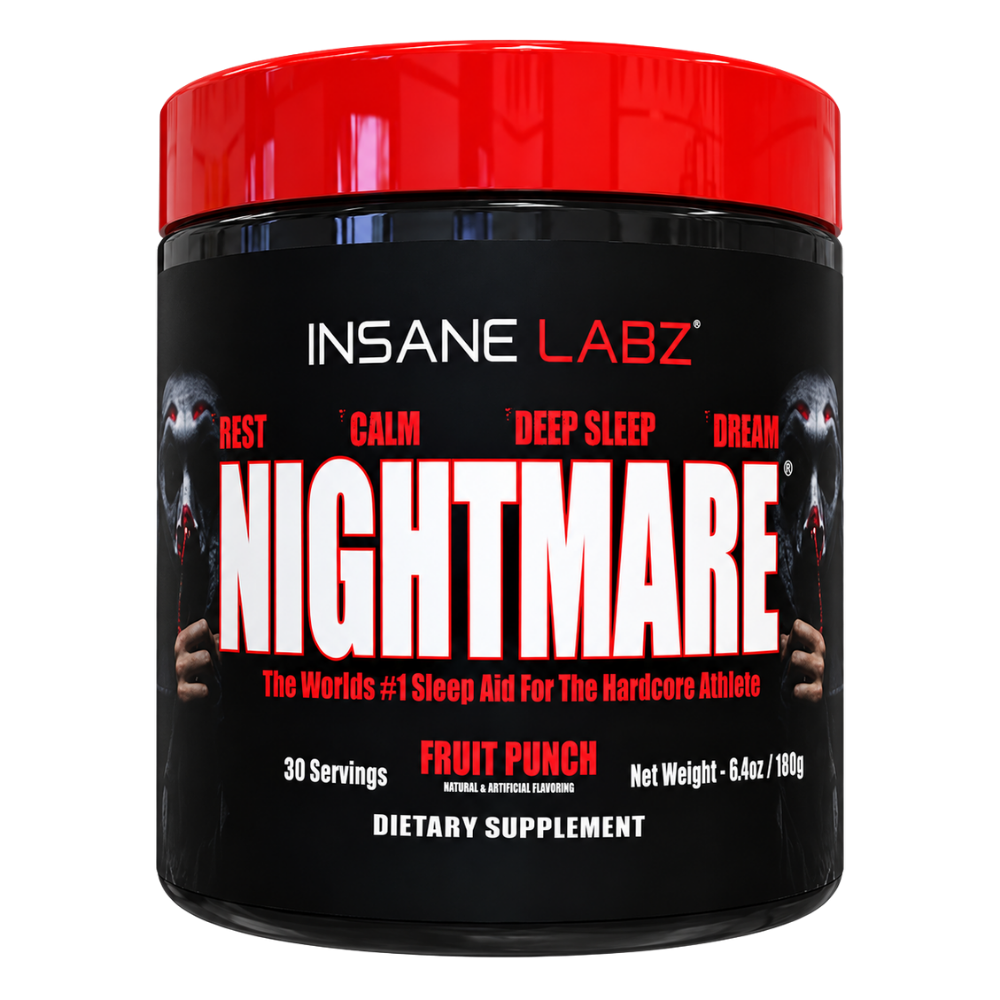 Insane Labz Nightmare Sleep Aid 30 Servings tub in the fruit punch flavor on a white background