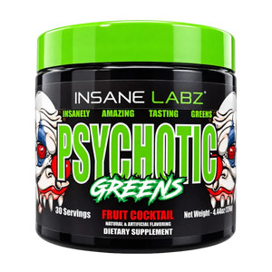 A black plastic tub of Insane Labz Psychotic Greens dietary supplement with a bright lime green lid, featuring clown illustrations on the label.