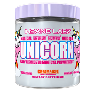 Insane Labz Unicorn Pre-Workout 30 Servings tub in the Creamsicle flavor on a white background