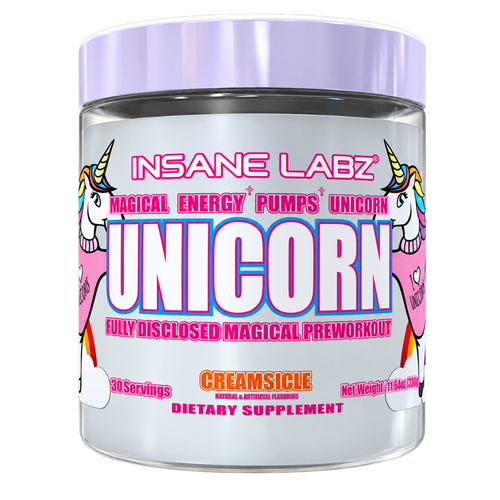 Insane Labz Unicorn Pre-Workout 30 Servings tub in the Creamsicle flavor on a white background