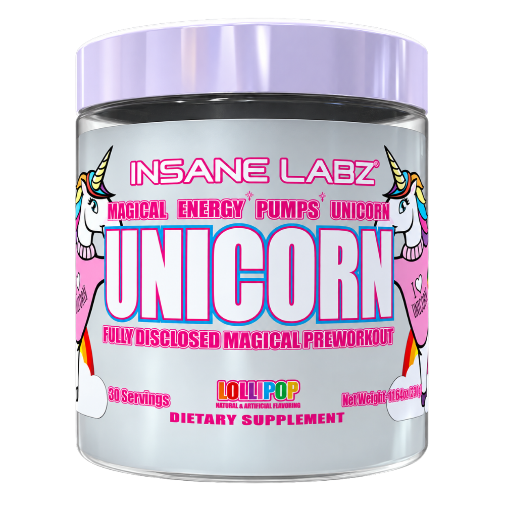 Insane Labz Unicorn Pre-Workout 30 Servings tub in the Lollipop flavor on a white background