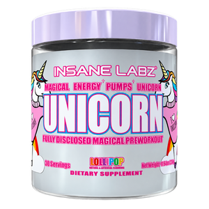 Insane Labz Unicorn Pre-Workout 30 Servings tub in the Lollipop flavor on a white background