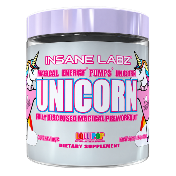 Insane Labz Unicorn Pre-Workout 30 Servings tub in the Lollipop flavor on a white background