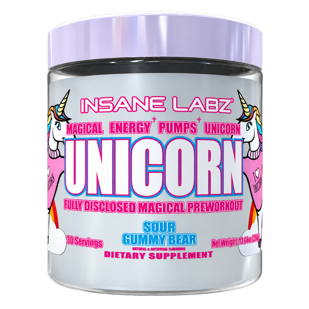 Insane Labz Unicorn Pre-Workout 30 Servings tub in the Lollipop flavor on a white background