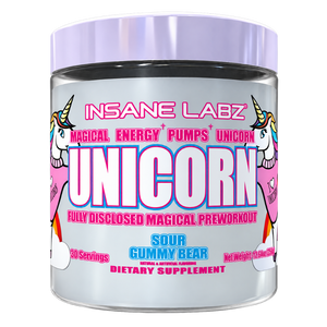 Insane Labz Unicorn Pre-Workout 30 Servings tub in the Sour Gummy Bear flavor on a white background