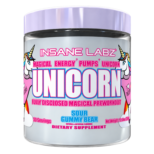 Insane Labz Unicorn Pre-Workout 30 Servings tub in the Sour Gummy Bear flavor on a white background