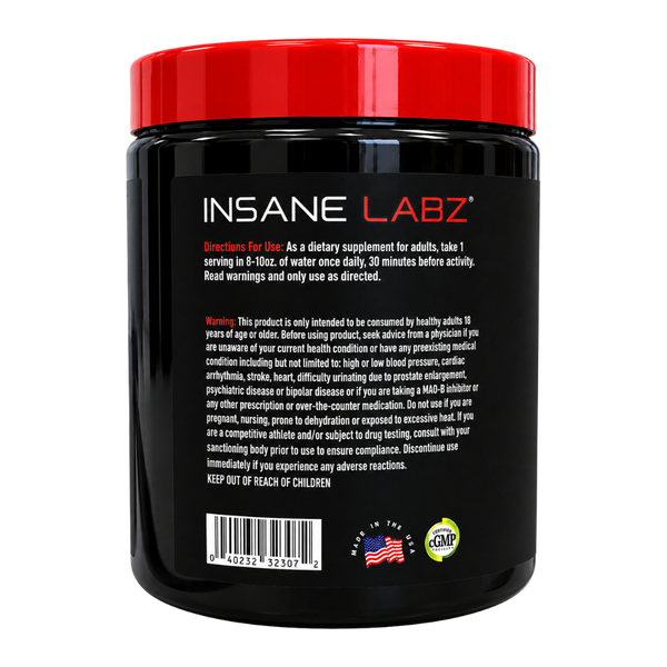 Insane Labz Creatine Monohydrate 60 Servings directions for use and warnings listed on the back of the bottle.