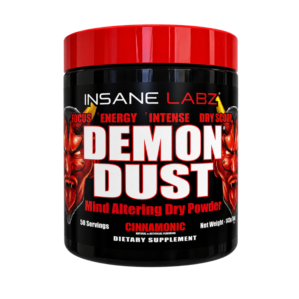 A black plastic tub of INSANE LABZ Demon Dust Cinnamon dry powder supplement with a bright red lid, featuring red and white text and devil illustrations on the label.
