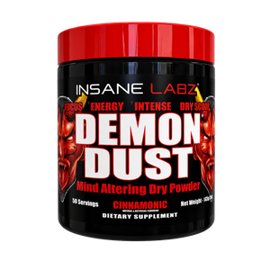 A black plastic tub of INSANE LABZ Demon Dust Cinnamon dry powder supplement with a bright red lid, featuring red and white text and devil illustrations on the label.
