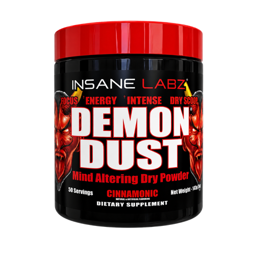 A black plastic tub of INSANE LABZ Demon Dust Cinnamon dry powder supplement with a bright red lid, featuring red and white text and devil illustrations on the label.