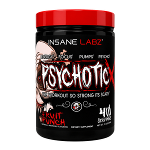 Insane Labz Psychotic X supplement container in the fruit punch flavor with red lid on a white backgroun