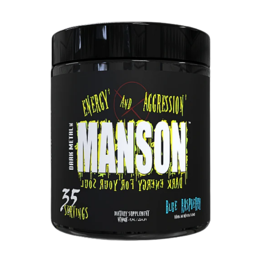 Insane Labz Manson Pre-Workout black and yellow supplement tub in the mixed berry flavor on a white background