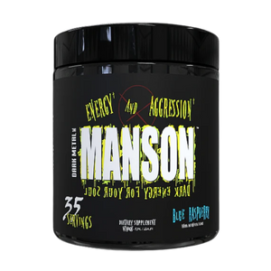 Insane Labz Manson Pre-Workout black and yellow supplement tub in the blue raspberry flavor on a white background