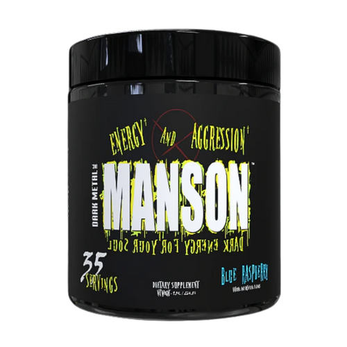 Insane Labz Manson Pre-Workout black and yellow supplement tub in the blue raspberry flavor on a white background