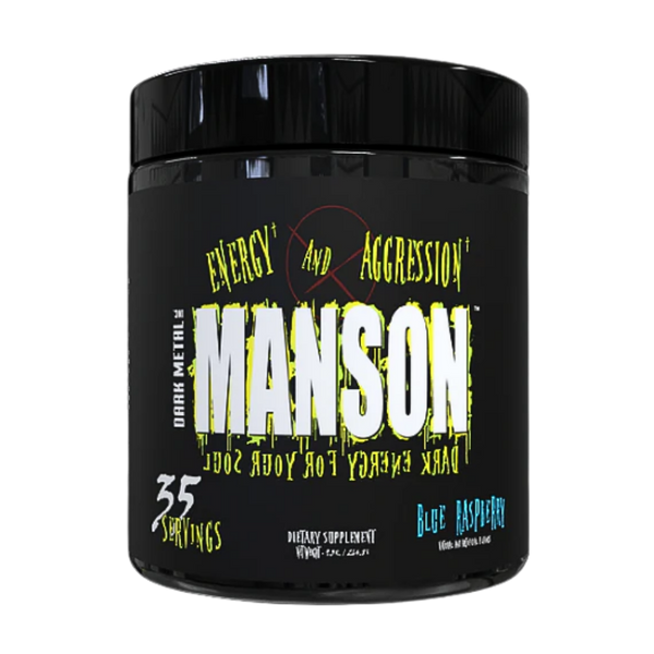 Insane Labz Manson Pre-Workout black and yellow supplement tub in the blue raspberry flavor on a white background