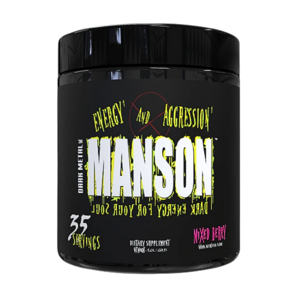 Insane Labz Manson Pre-Workout black and yellow supplement tub in the mixed berry flavor on a white background