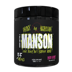Insane Labz Manson Pre-Workout black and yellow supplement tub in the mixed berry flavor on a white background