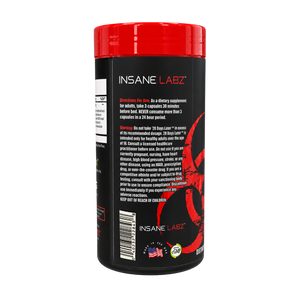 A black plastic bottle of INSANE LABZ dietary supplement with a bright red cap, showing the back label with white text and a red circular graphic.