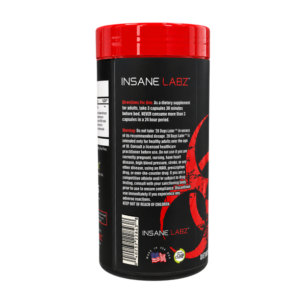A black plastic bottle of INSANE LABZ dietary supplement with a bright red cap, showing the back label with white text and a red circular graphic.