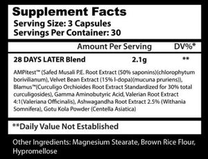 A close-up of a supplement facts label showing serving size 3 capsules, 30 per container, and a blend ingredient list including AMPitest, velvet bean extract, Blamus, Curculigo, Valeriana, Withania, and Gotu Kola Powder.