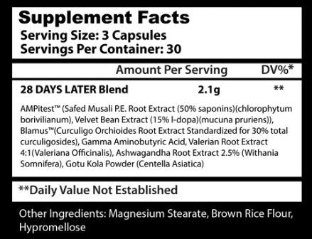 A close-up of a supplement facts label showing serving size 3 capsules, 30 per container, and a blend ingredient list including AMPitest, velvet bean extract, Blamus, Curculigo, Valeriana, Withania, and Gotu Kola Powder.