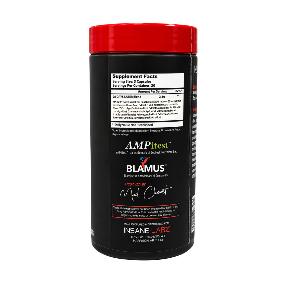 A black plastic bottle of Insane Labz '28 Days Later' dietary supplement with a bright red cap, featuring bold white and red text on the label.