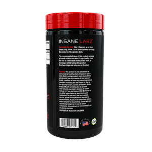 A black plastic supplement tub with a bright red lid, showing the back label of INSANE LABZ Capsules. The label is predominantly black with white and red text, featuring a barcode and warning information.