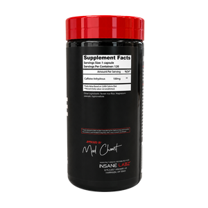 A black supplement bottle with a bright red cap, featuring a white 'Supplement Facts' label and branding for Insane Labz, on a plain white background.