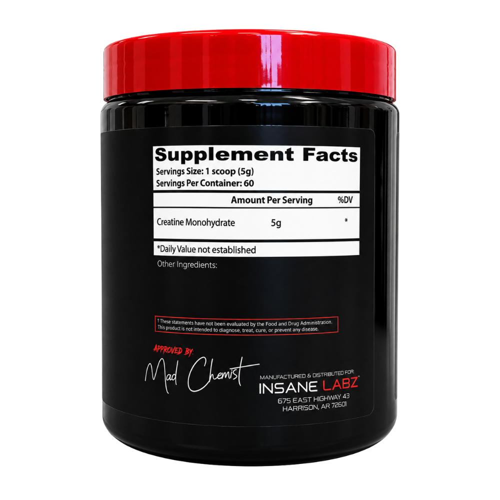 Supplement container labeled 'Creatine Monohydrate' by Insane Labz on a white background
