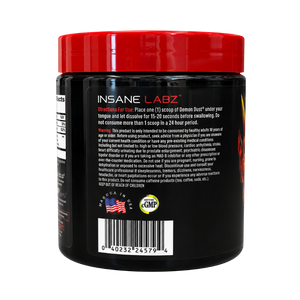 A black plastic tub of INSANE LABZ Demon Dust Blend supplement powder with a bright red lid, listing out the directions for use and warnings shown on a white background.