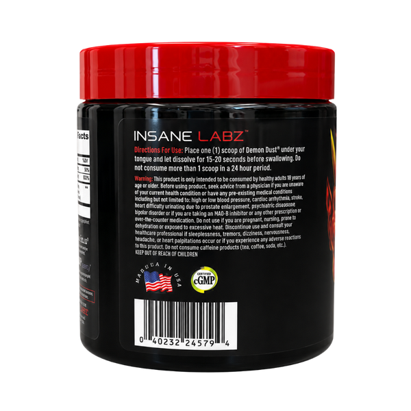 A black plastic tub of INSANE LABZ Demon Dust Blend supplement powder with a bright red lid, listing out the directions for use and warnings shown on a white background.